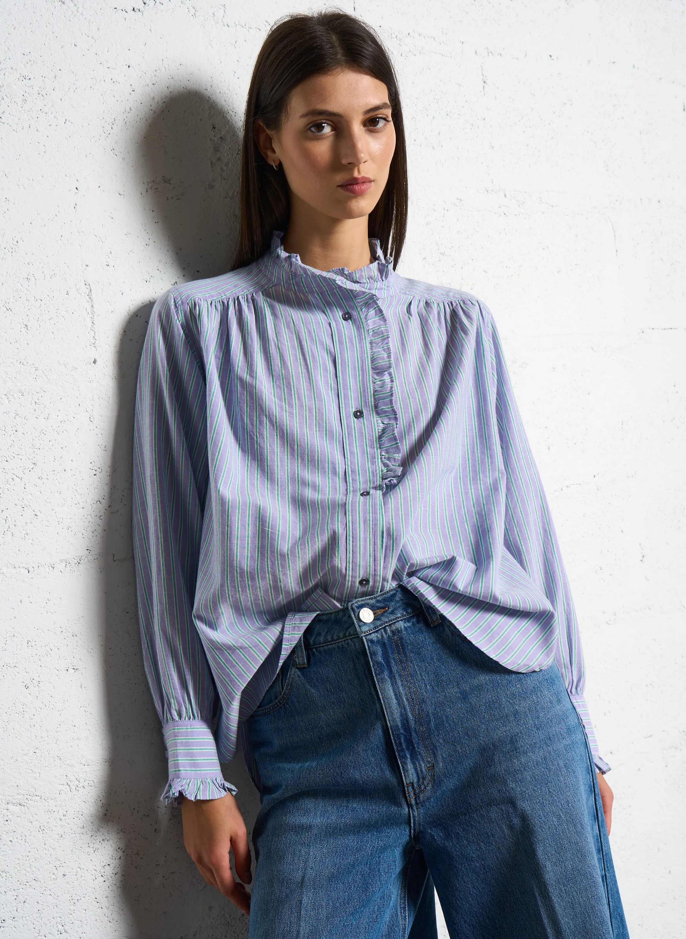  BELLEROSE   CLAUDIA - Camicia a girocollo diritta in cotone a righe | Blu