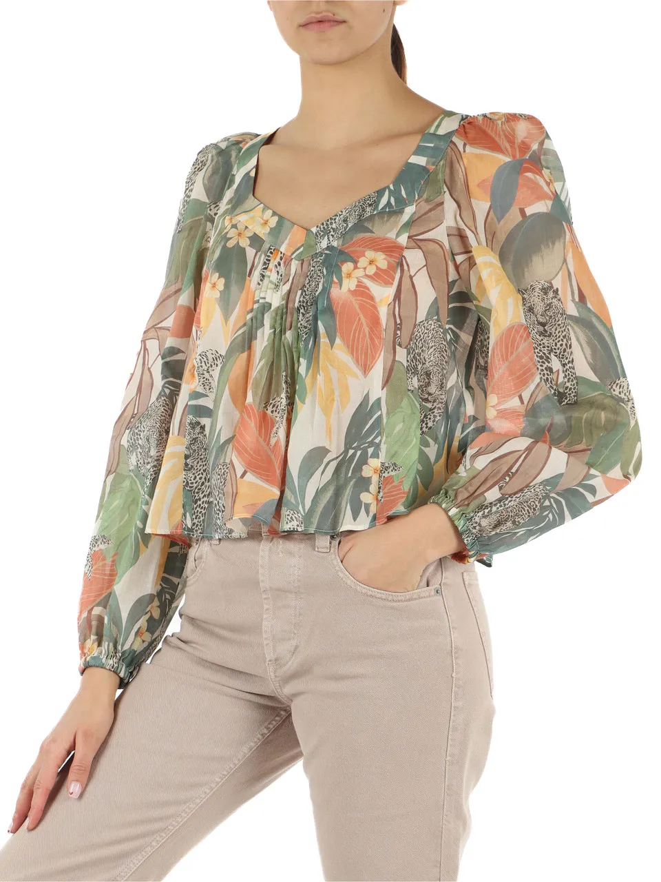 Blusa in voile di cotone con stampa all over