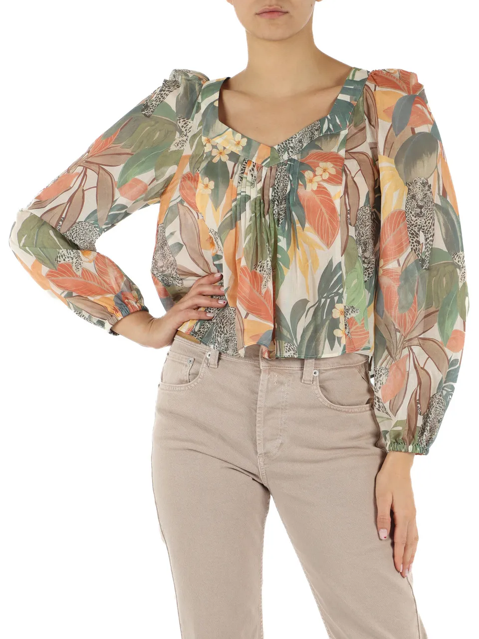 Blusa in voile di cotone con stampa all over