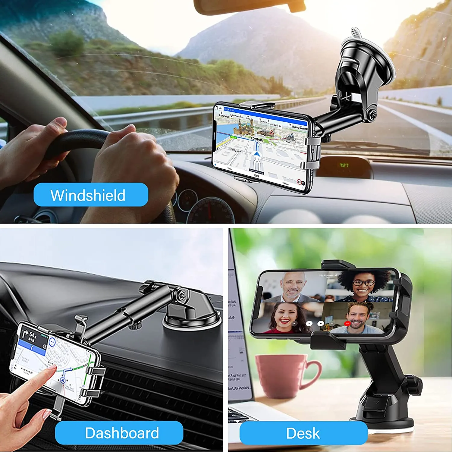Bnimtm Supporto Cellulare Auto, Supporto Smartphone Auto 360° di Rotazione con Regolabile Clip e Braccio Estensibile e Potente V