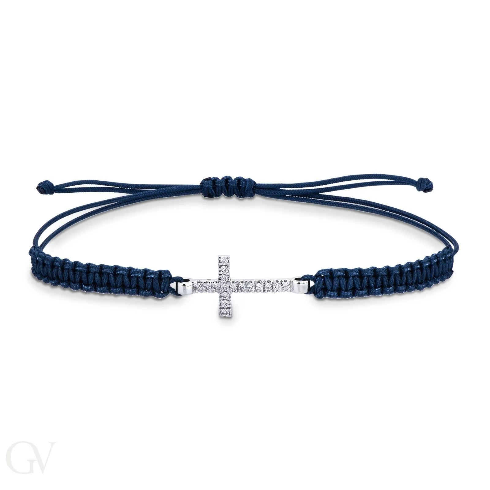 Bracciale in tessuto blu con croce in oro bianco 18k e diamanti