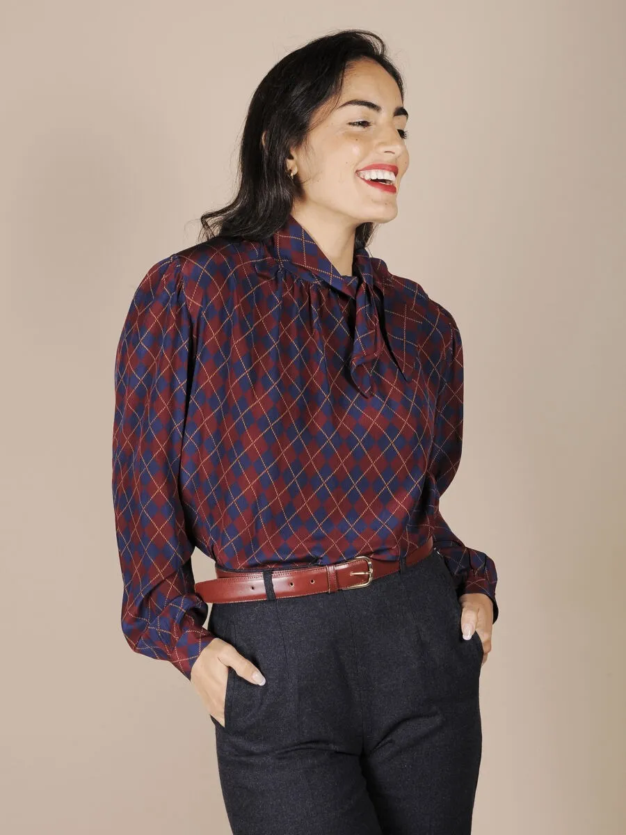 Camicia in seta a rombi bordeaux e blu