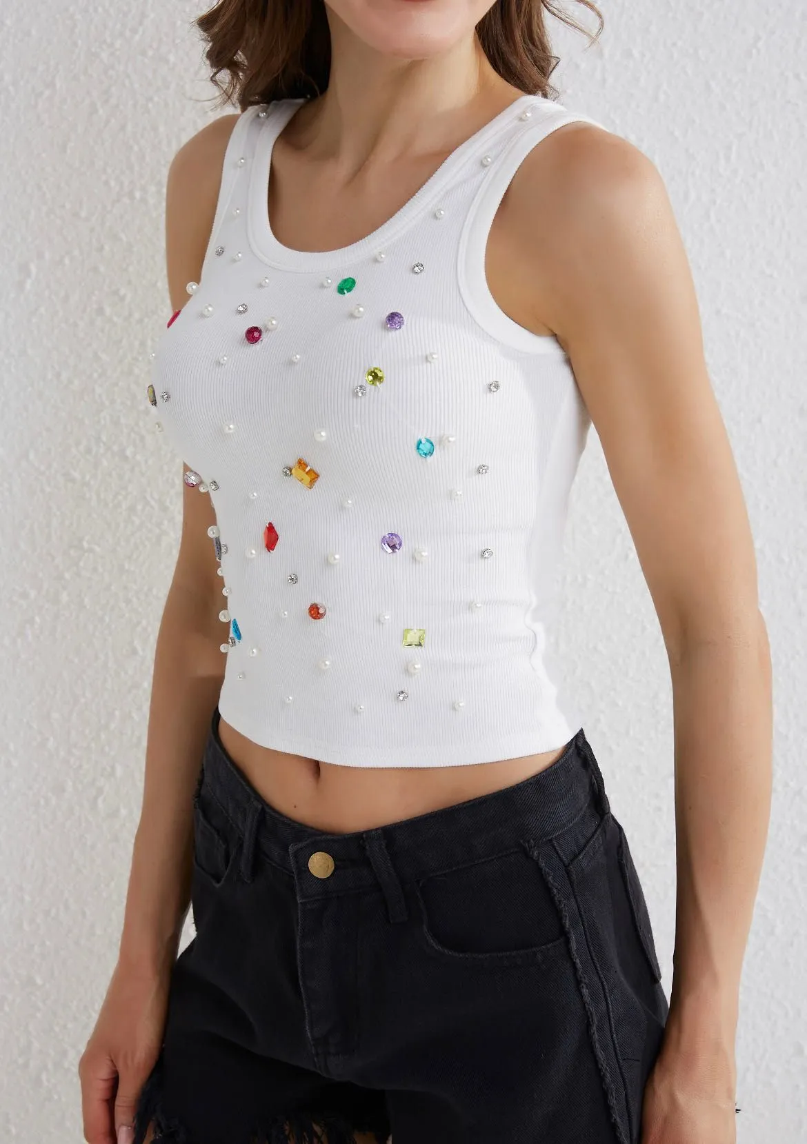 Canotta Donna Girocollo Bretelle Pietre Multicolore Pietre Aderente Easy Casual