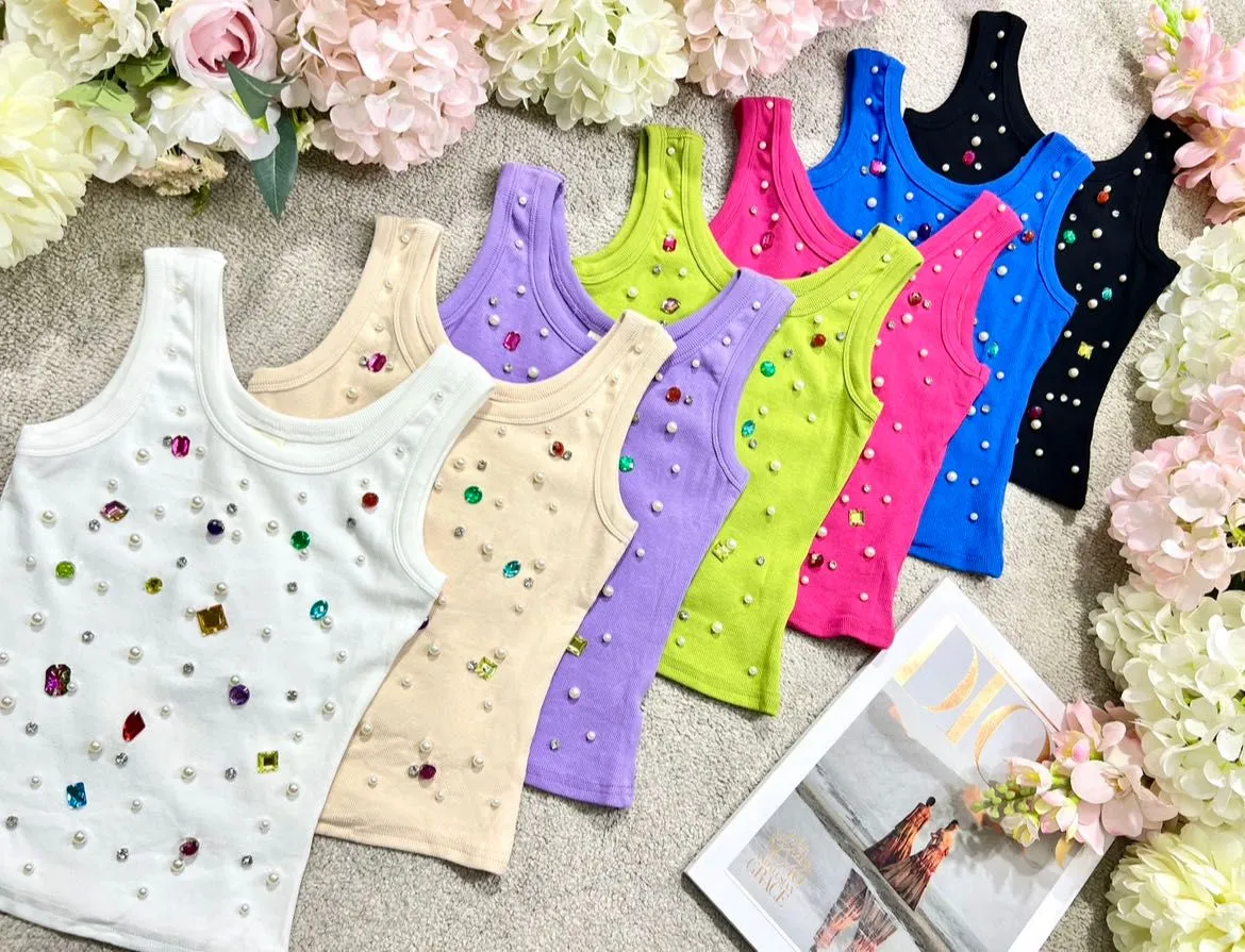 Canotta Donna Girocollo Bretelle Pietre Multicolore Pietre Aderente Easy Casual