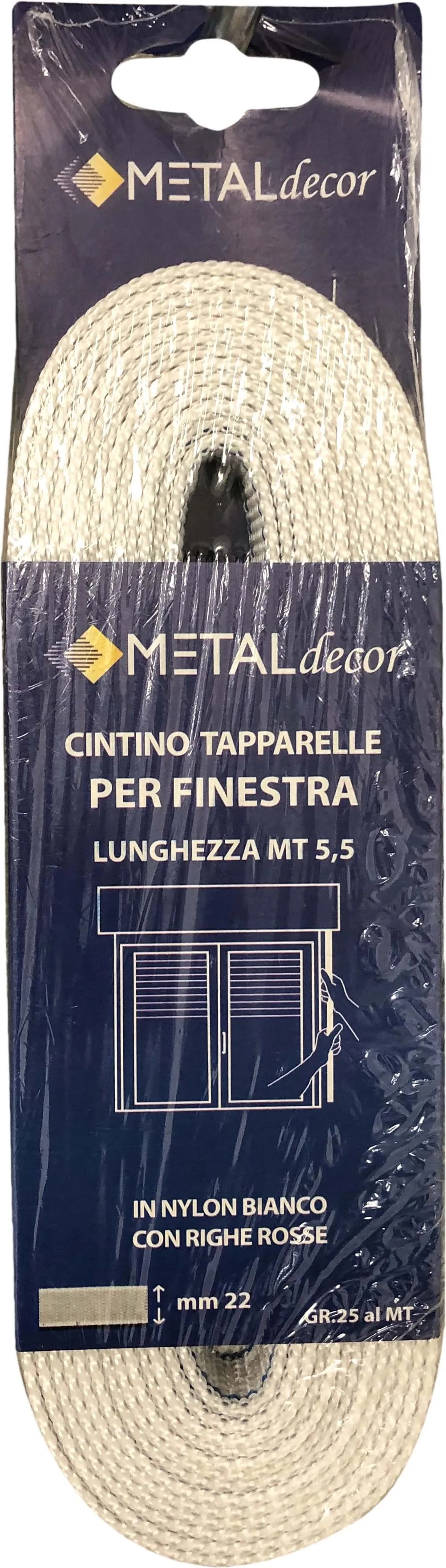 Cintino tapparella per finestra in nylon bianco e righe rosse 22 mm x 5,5mt 25 g