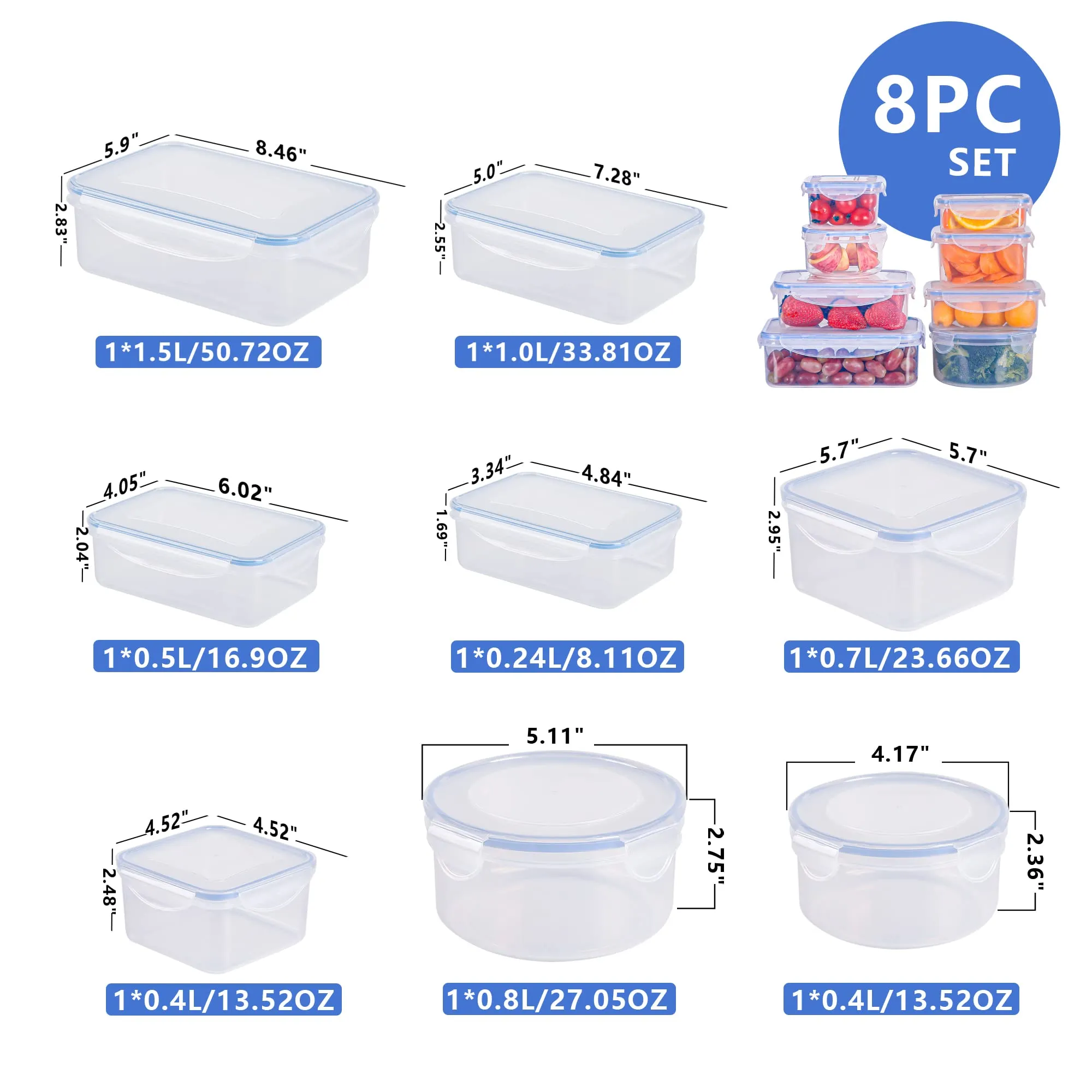 Contenitori Ermetici per Alimenti [8 Pezzi], Contenitori di Plastica Riutilizzabili, Senza BPA Contenitori Alimenti, 100% a Prov