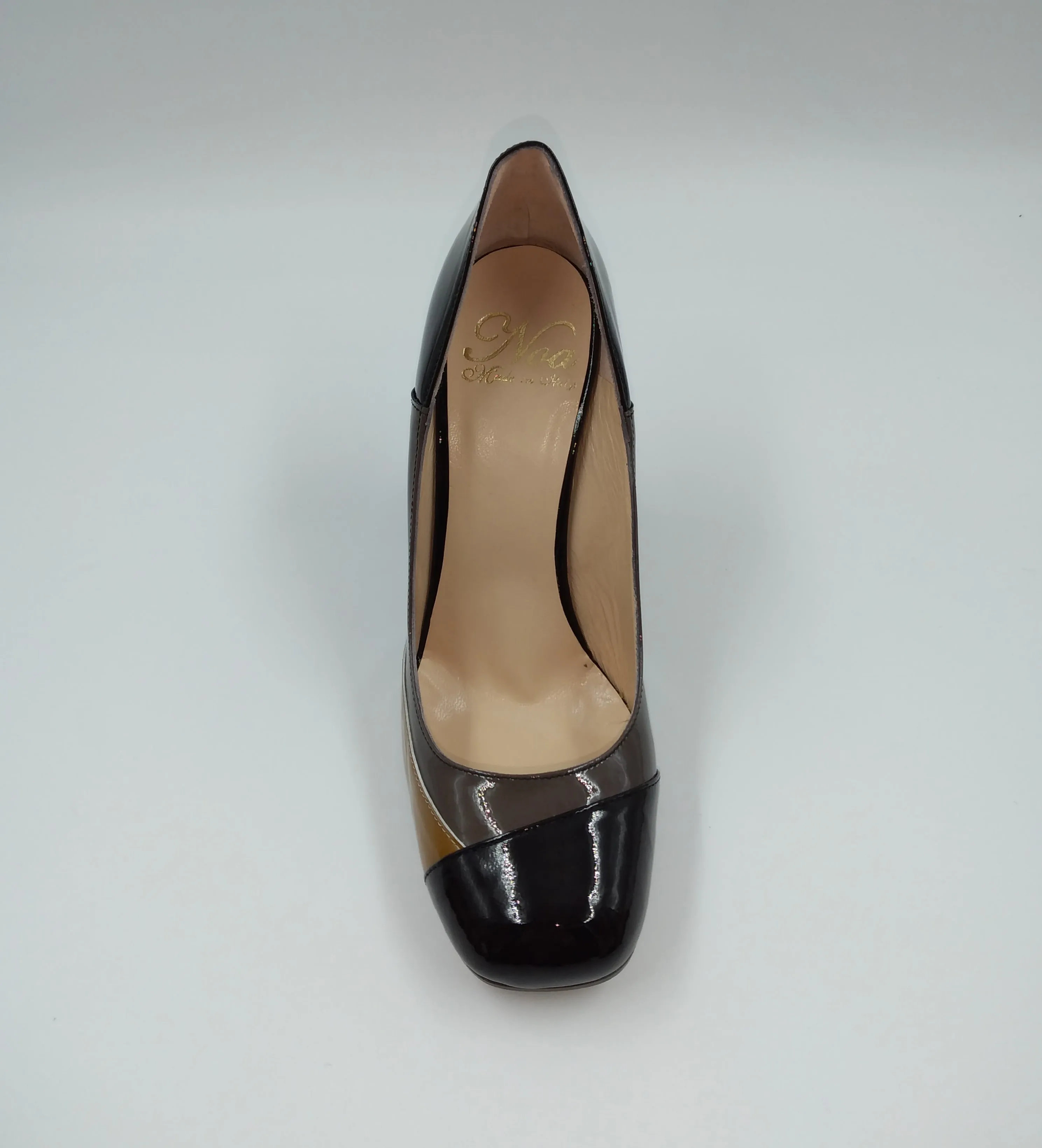 DECOLLETE PELLE VERNICE TRICOLOR STRISCIA TAUPE