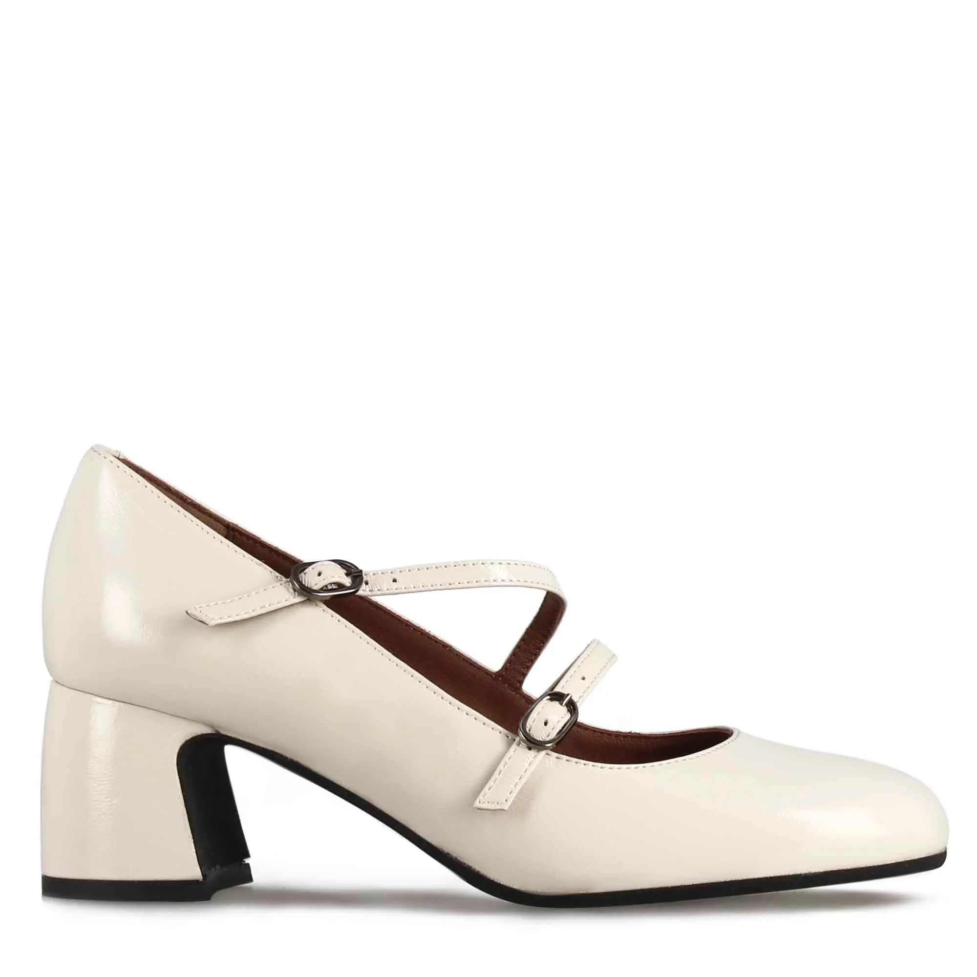 Décolleté Mary Jane in pelle verniciata colore bianco con doppio cinturino