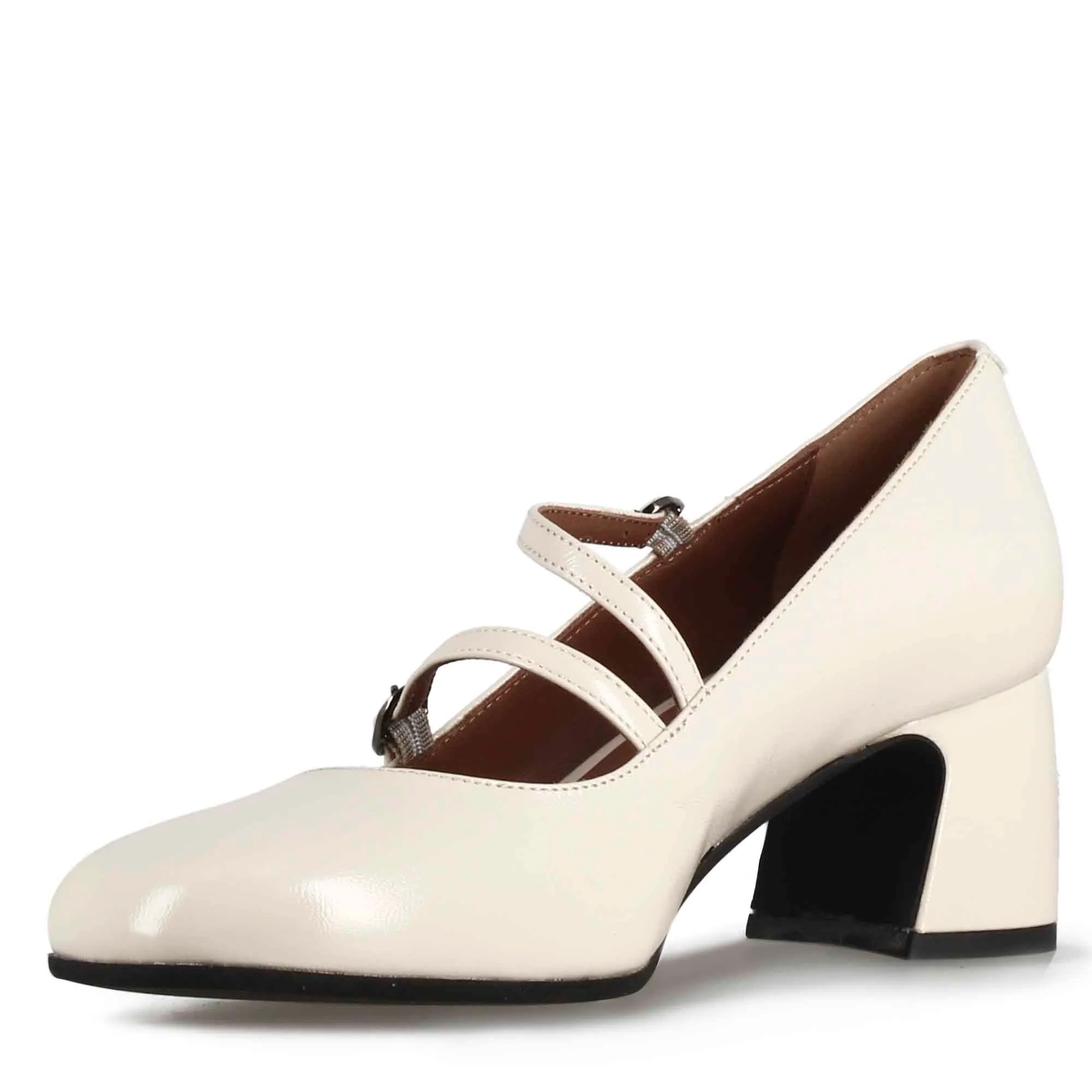 Décolleté Mary Jane in pelle verniciata colore bianco con doppio cinturino