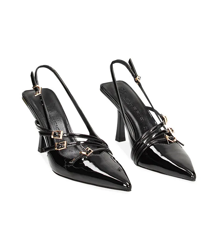 Décolleté slingback nere con fibbie in vernice