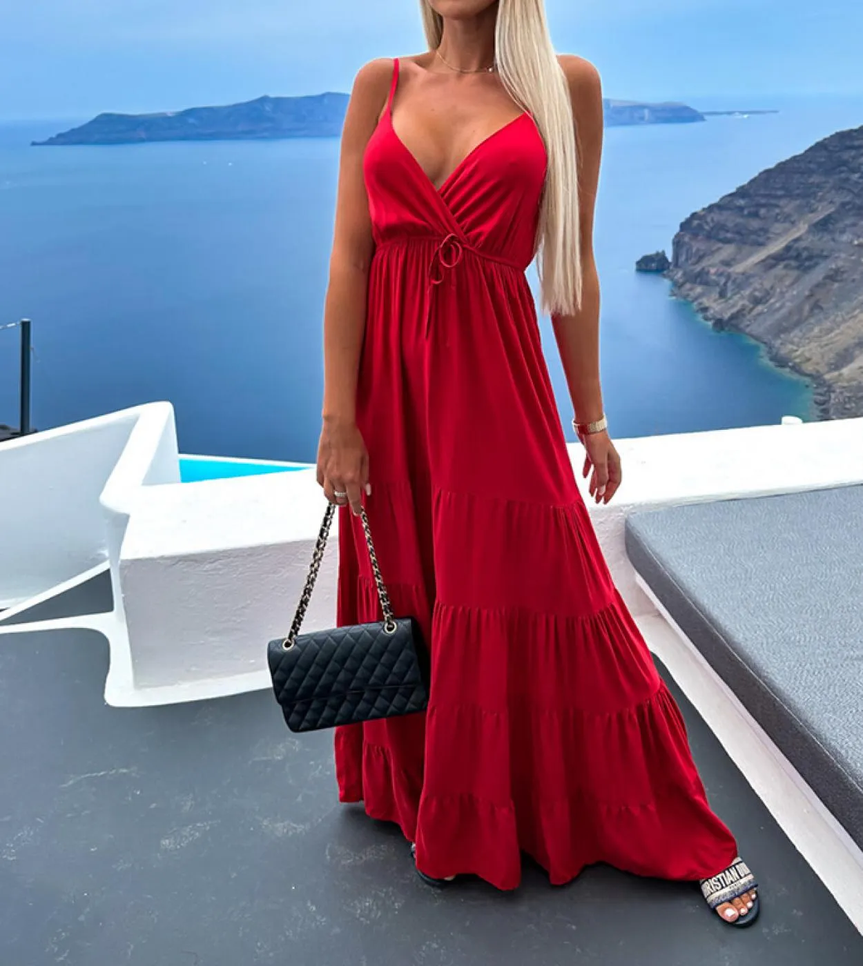 Elegante abito da festa senza maniche con scollo a V profondo Moda estiva Pieghettato Solido Abito con spalline Donna Casual Orl