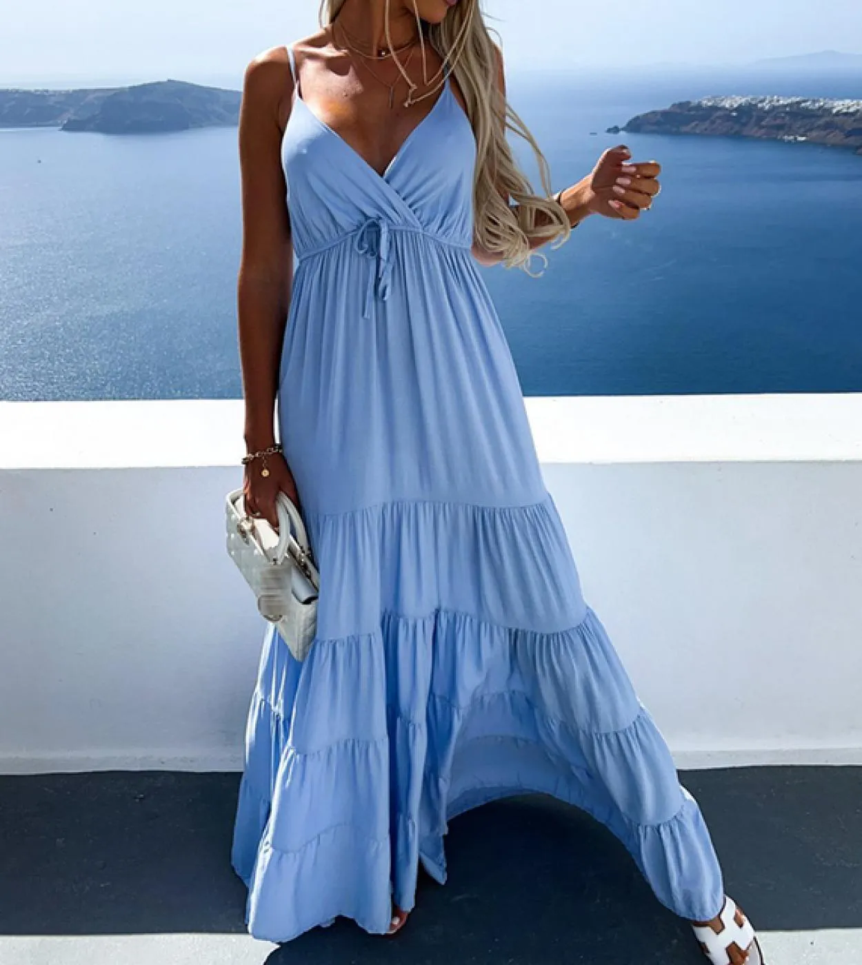 Elegante abito da festa senza maniche con scollo a V profondo Moda estiva Pieghettato Solido Abito con spalline Donna Casual Orl