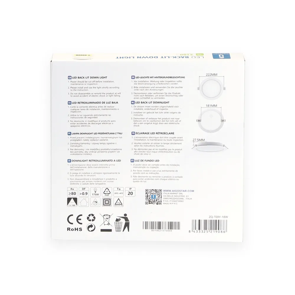 Faretto Led slim da incasso 18W Rotondo Cornice bianca Apertura 100 gradi Bianco neutro 4500K Aigostar