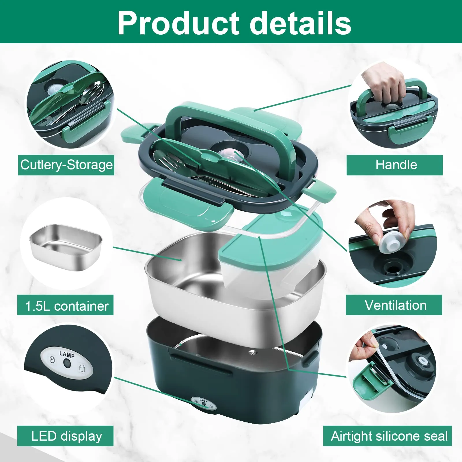 GENTRE Lunch Box elettrico 12V/24V/220V/110V per auto, camion, ufficio e casa, Scaldavivande in acciaio inossidabile da 1,5L Con