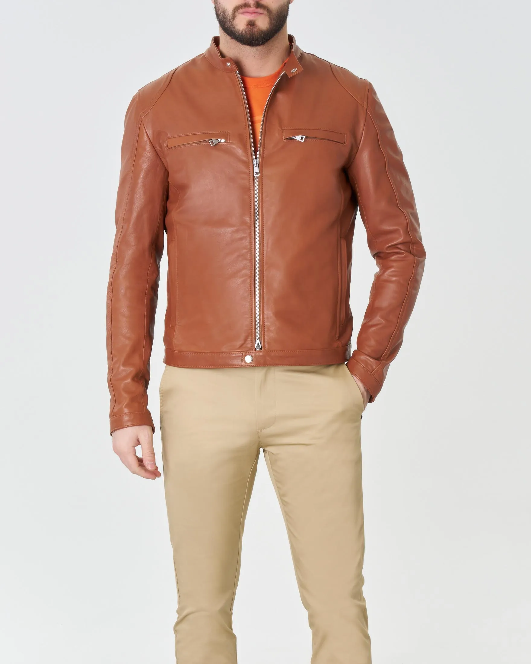 Giubbino biker color cuoio in vera pelle