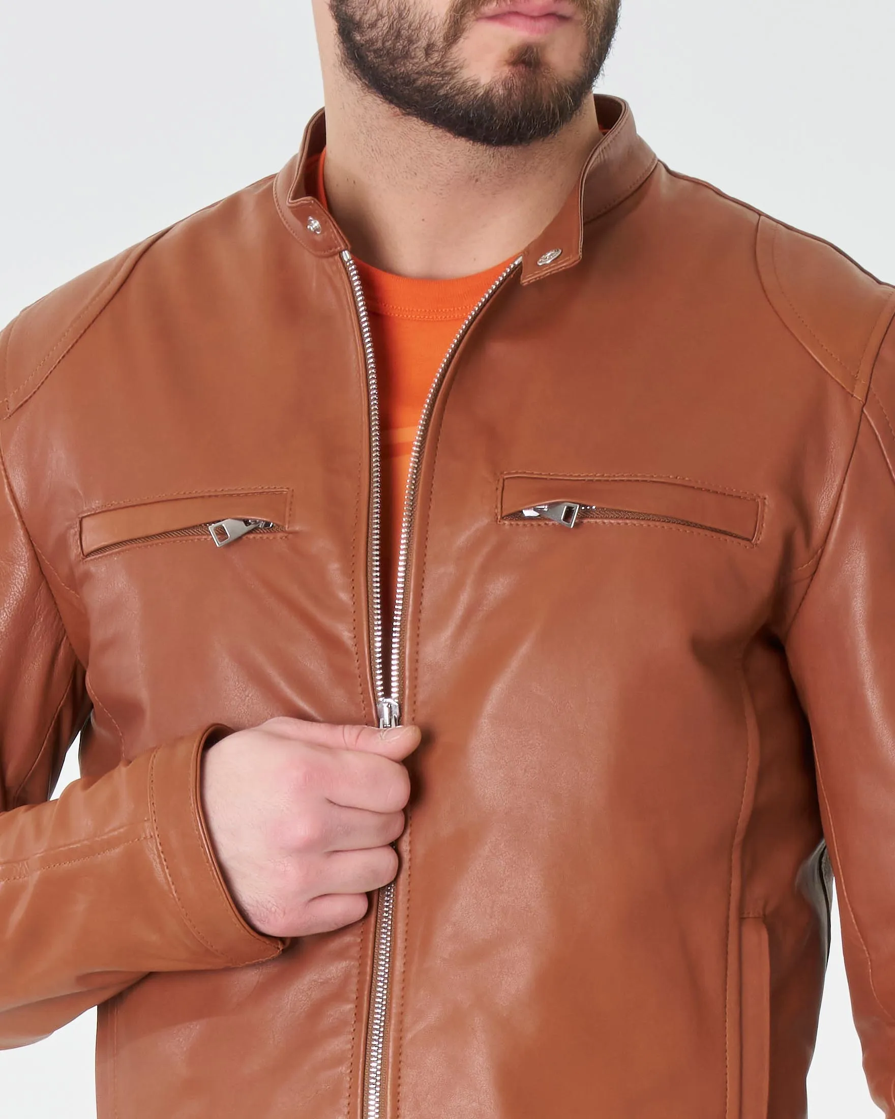 Giubbino biker color cuoio in vera pelle
