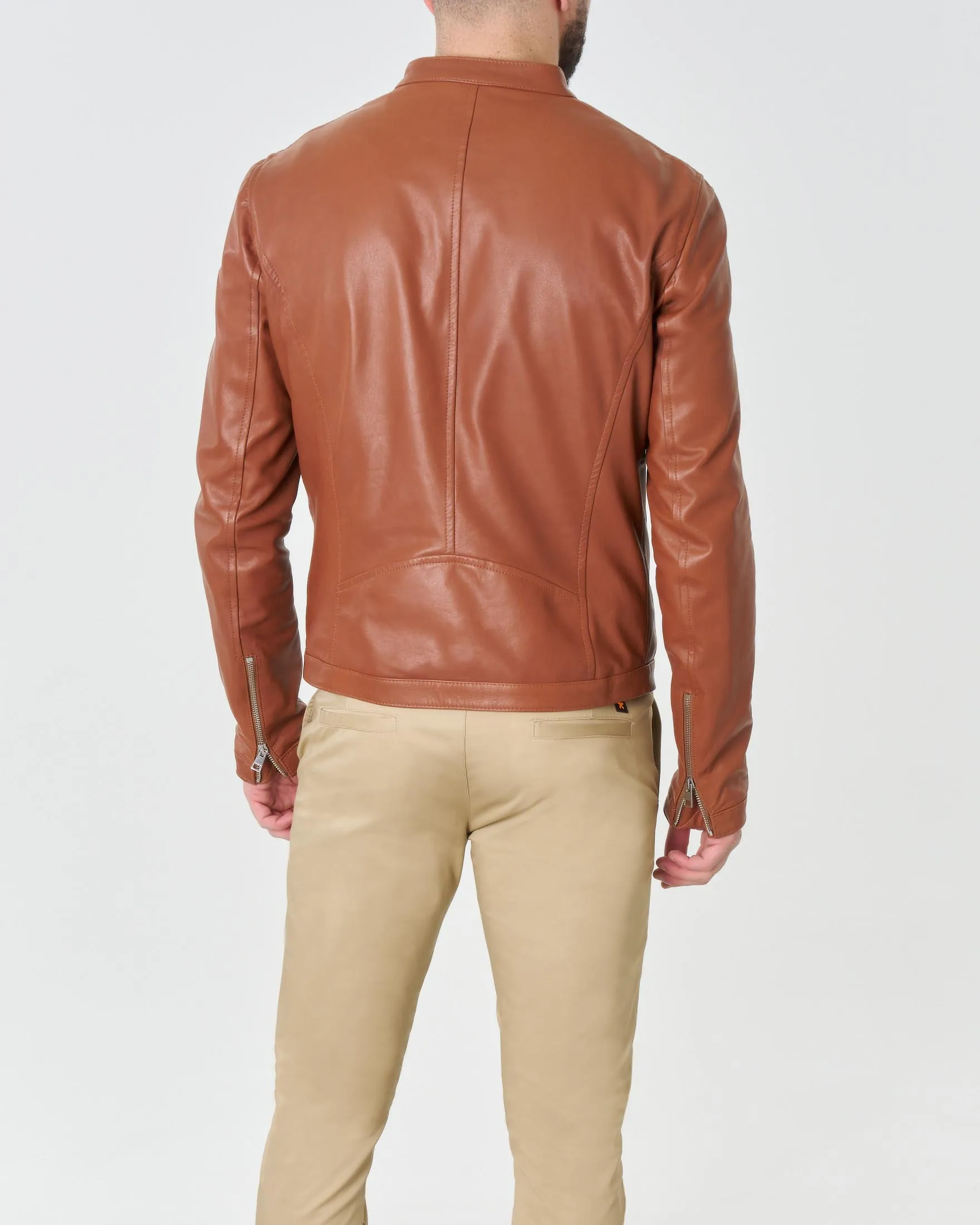 Giubbino biker color cuoio in vera pelle