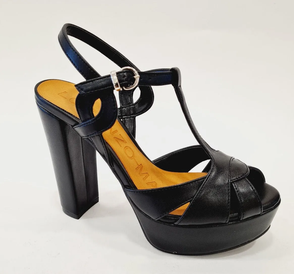 Lorenzo Mari sandalo cinturino a T tacco alto 12 cm. plateau 3,5 cm. pelle nero rif.753