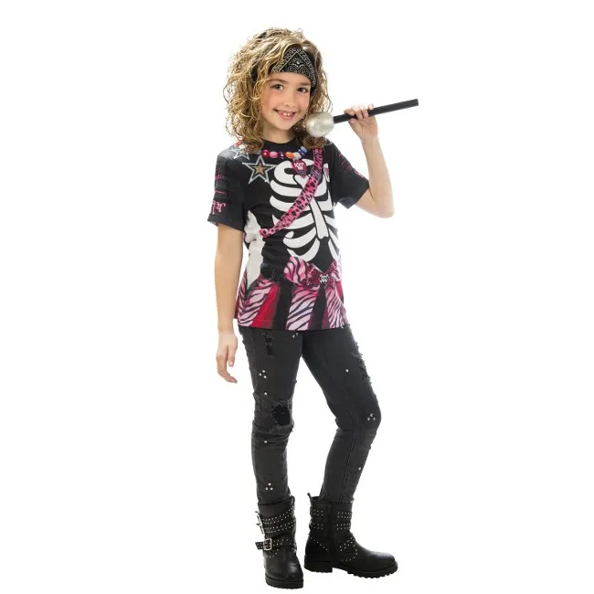 Maglietta per costume da scheletro rocker rosa per bambini