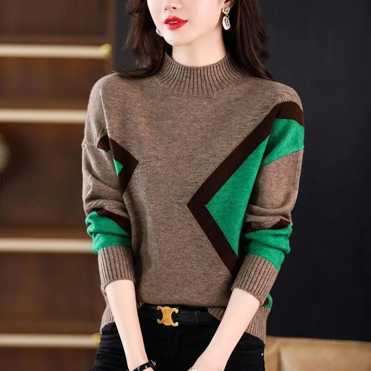 Maglioni lavorati a maglia vintage Autunno Inverno Collo a lupetto Manica lunga Pullover con pannelli Abbigliamento donna Top ca