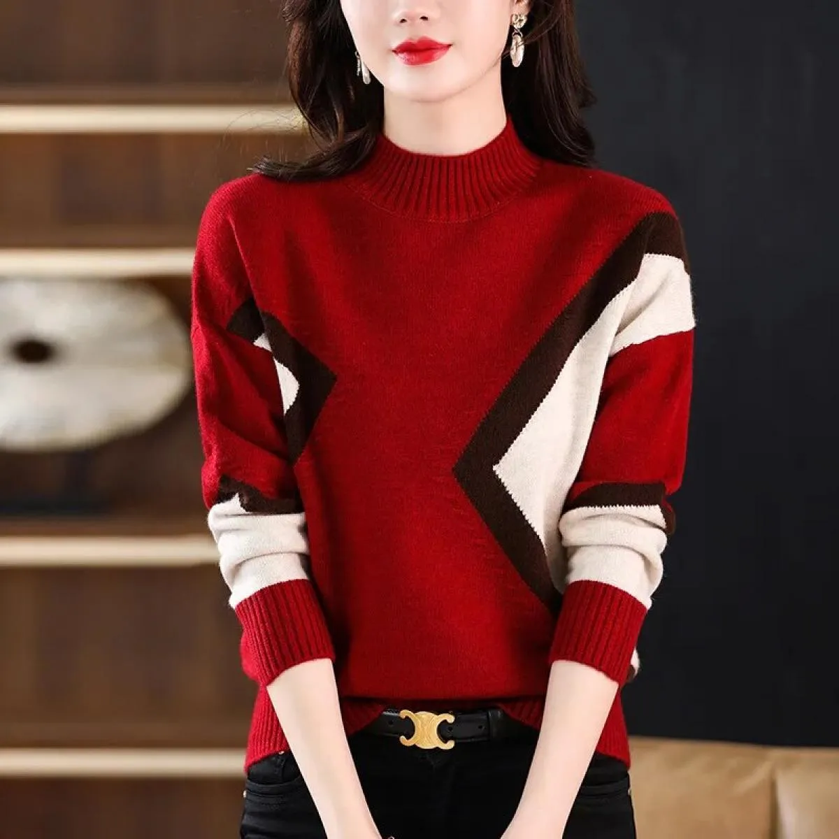 Maglioni lavorati a maglia vintage Autunno Inverno Collo a lupetto Manica lunga Pullover con pannelli Abbigliamento donna Top ca