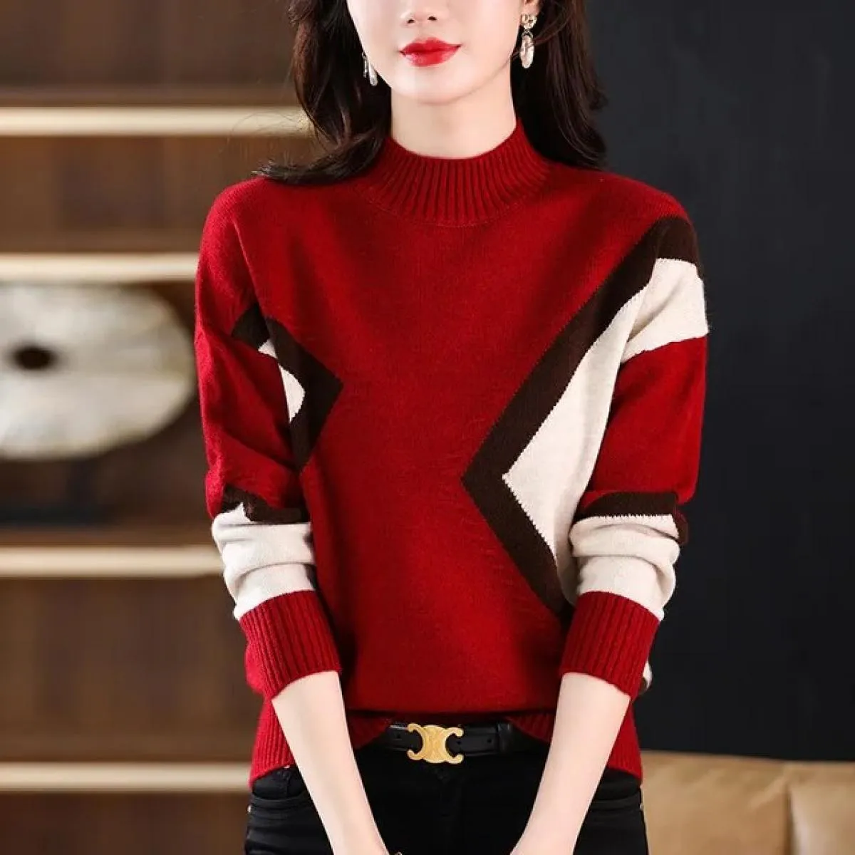 Maglioni lavorati a maglia vintage Autunno Inverno Collo a lupetto Manica lunga Pullover con pannelli Abbigliamento donna Top ca