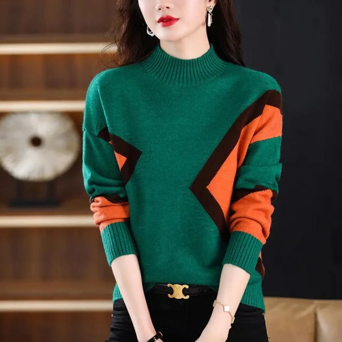 Maglioni lavorati a maglia vintage Autunno Inverno Collo a lupetto Manica lunga Pullover con pannelli Abbigliamento donna Top ca