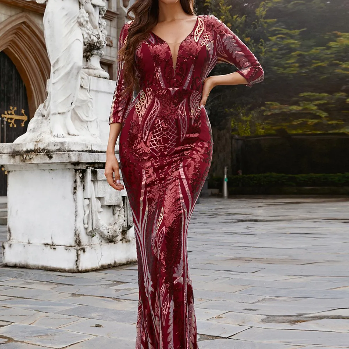 Missord Abito lungo elegante con scollo a V e manica a tre quarti aderente con paillettes Abito lungo per banchetti nuziali Abit