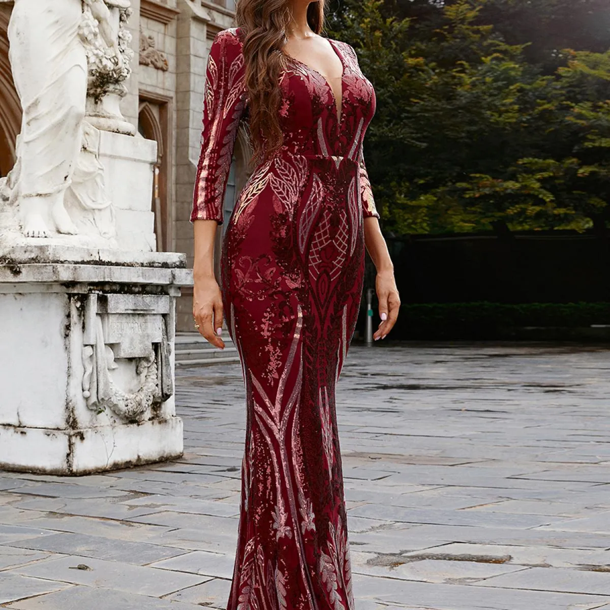 Missord Abito lungo elegante con scollo a V e manica a tre quarti aderente con paillettes Abito lungo per banchetti nuziali Abit