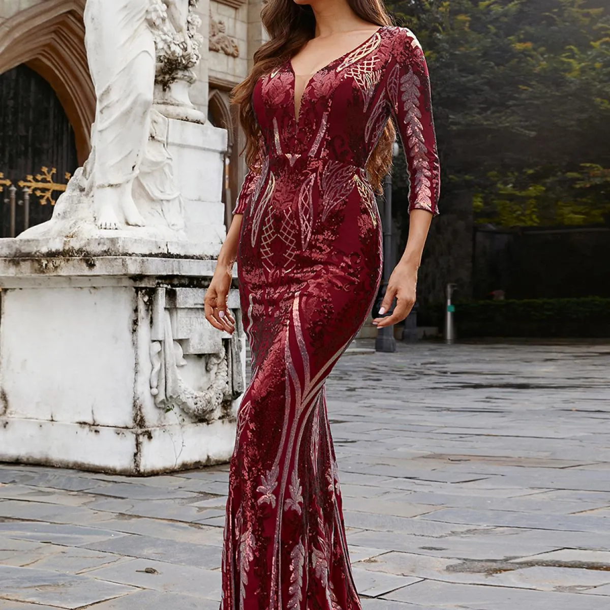 Missord Abito lungo elegante con scollo a V e manica a tre quarti aderente con paillettes Abito lungo per banchetti nuziali Abit