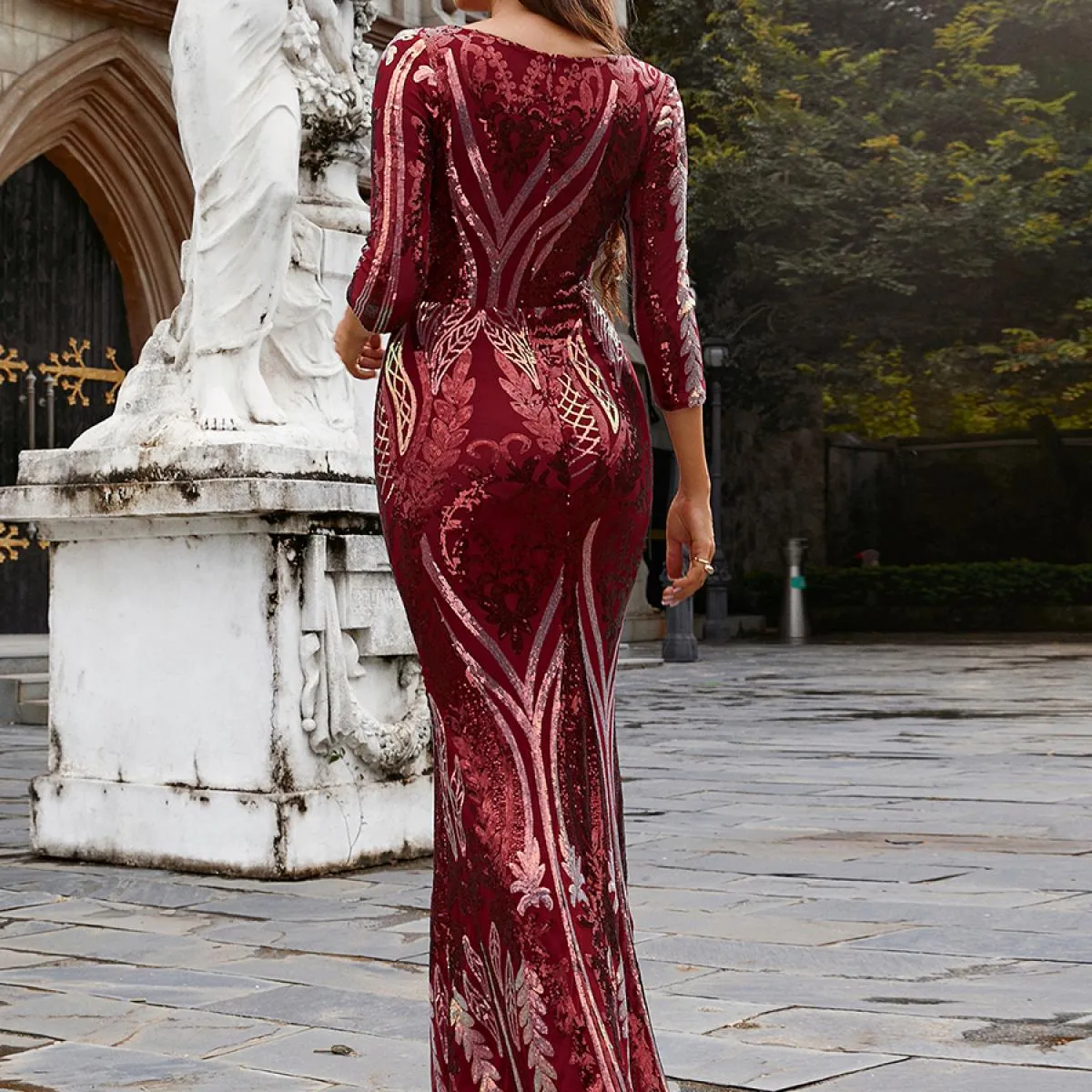 Missord Abito lungo elegante con scollo a V e manica a tre quarti aderente con paillettes Abito lungo per banchetti nuziali Abit