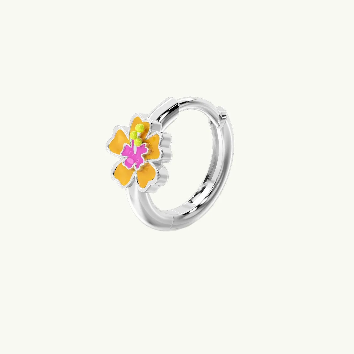 Orecchino a cerchio in argento 925 con fiore di ibisco pesca e fucsia e chiusura a scattino