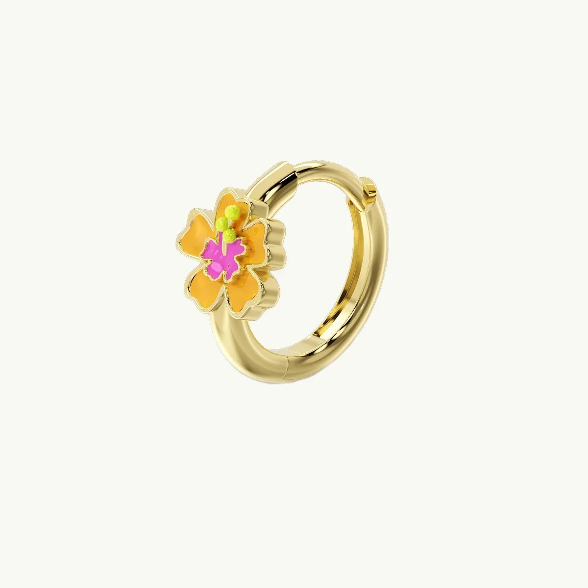 Orecchino a cerchio in argento 925 placcato oro con fiore di ibisco pesca e fucsia e chiusura a scattino