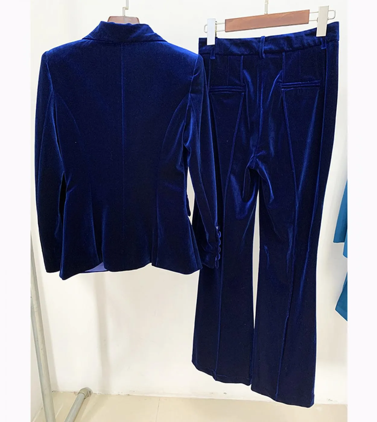 Pantaloni blazer in velluto Set da donna Rosa scuro Navy Autunno Inverno Nuova giacca con un bottone  Pantaloni svasati Set da