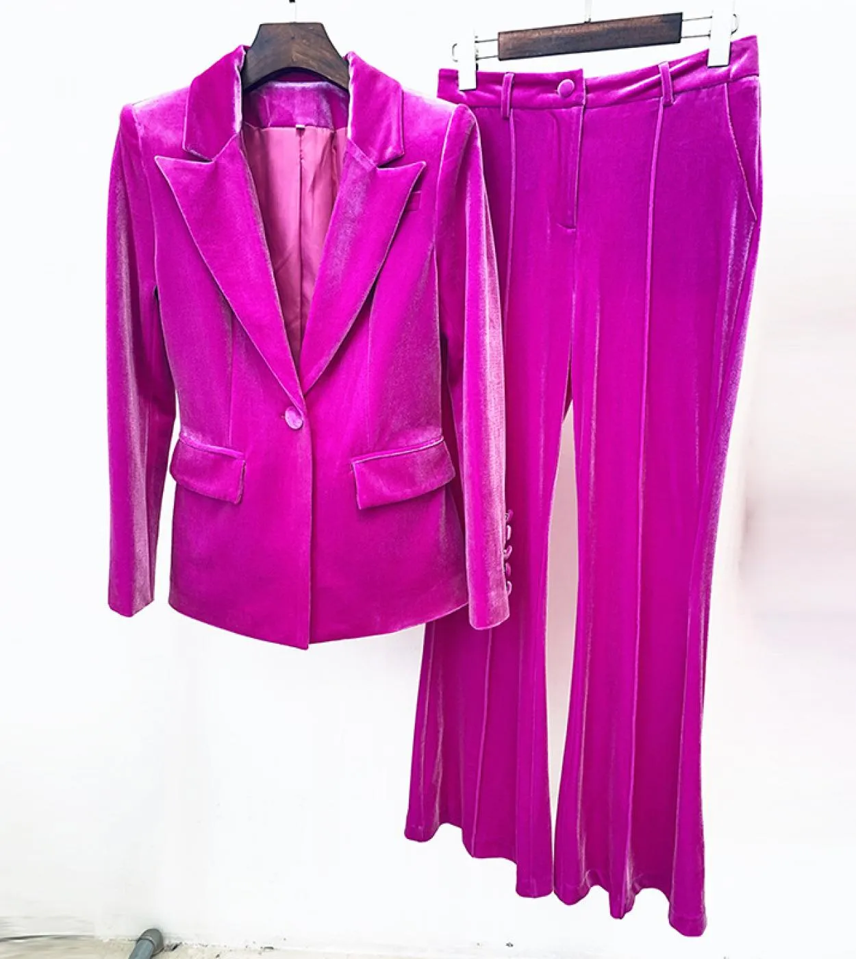 Pantaloni blazer in velluto Set da donna Rosa scuro Navy Autunno Inverno Nuova giacca con un bottone  Pantaloni svasati Set da