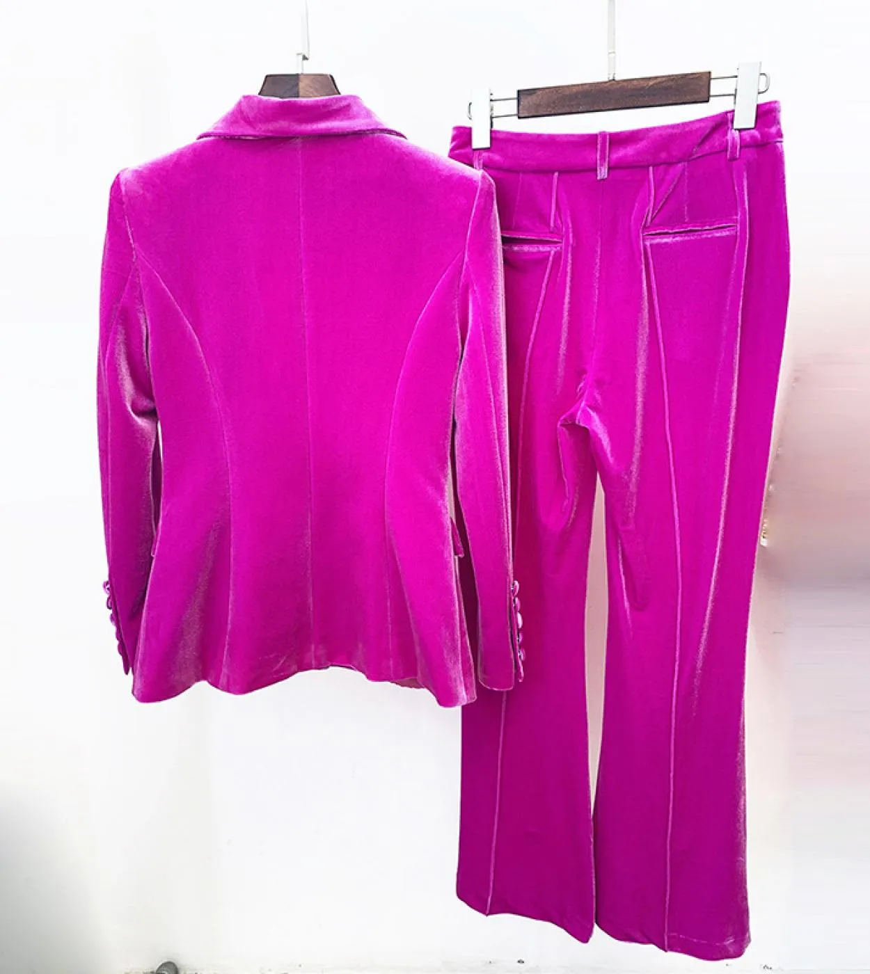 Pantaloni blazer in velluto Set da donna Rosa scuro Navy Autunno Inverno Nuova giacca con un bottone  Pantaloni svasati Set da