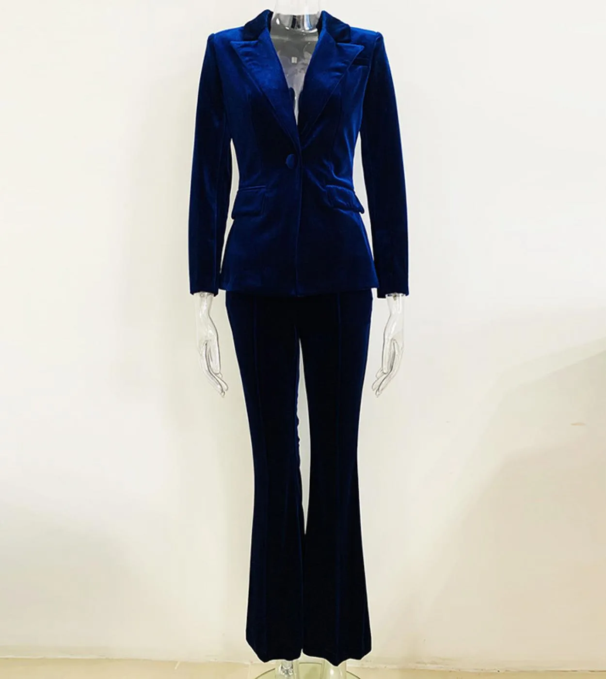 Pantaloni blazer in velluto Set da donna Rosa scuro Navy Autunno Inverno Nuova giacca con un bottone  Pantaloni svasati Set da