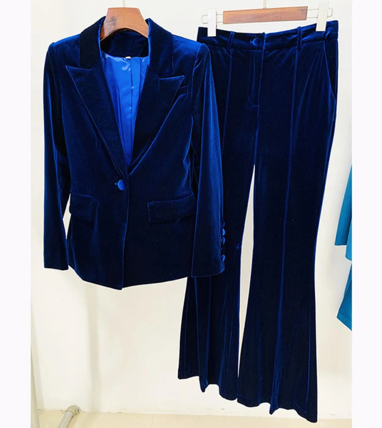 Pantaloni blazer in velluto Set da donna Rosa scuro Navy Autunno Inverno Nuova giacca con un bottone  Pantaloni svasati Set da