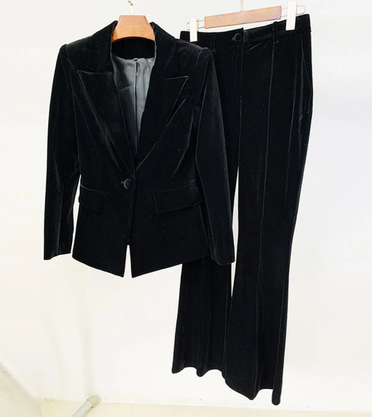 Pantaloni blazer in velluto Set da donna Rosa scuro Navy Autunno Inverno Nuova giacca con un bottone  Pantaloni svasati Set da