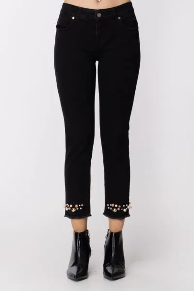 PANTALONI CON PERLE E ORLO SFRANGIATO Nero