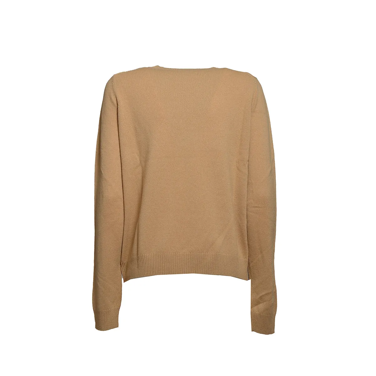 Pullover girocollo in lana vergine cammello con logo in rilievo N°21