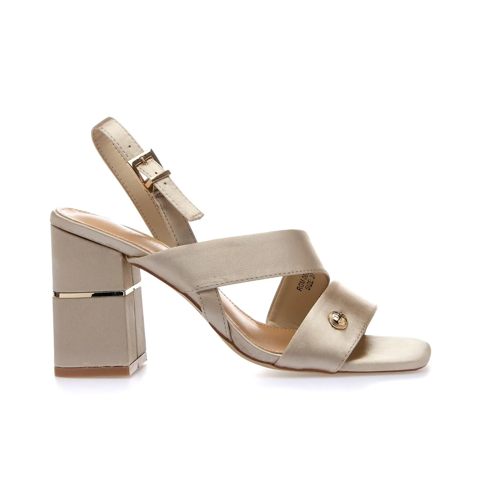 Sandali beige effetto satin con tacco alto largo