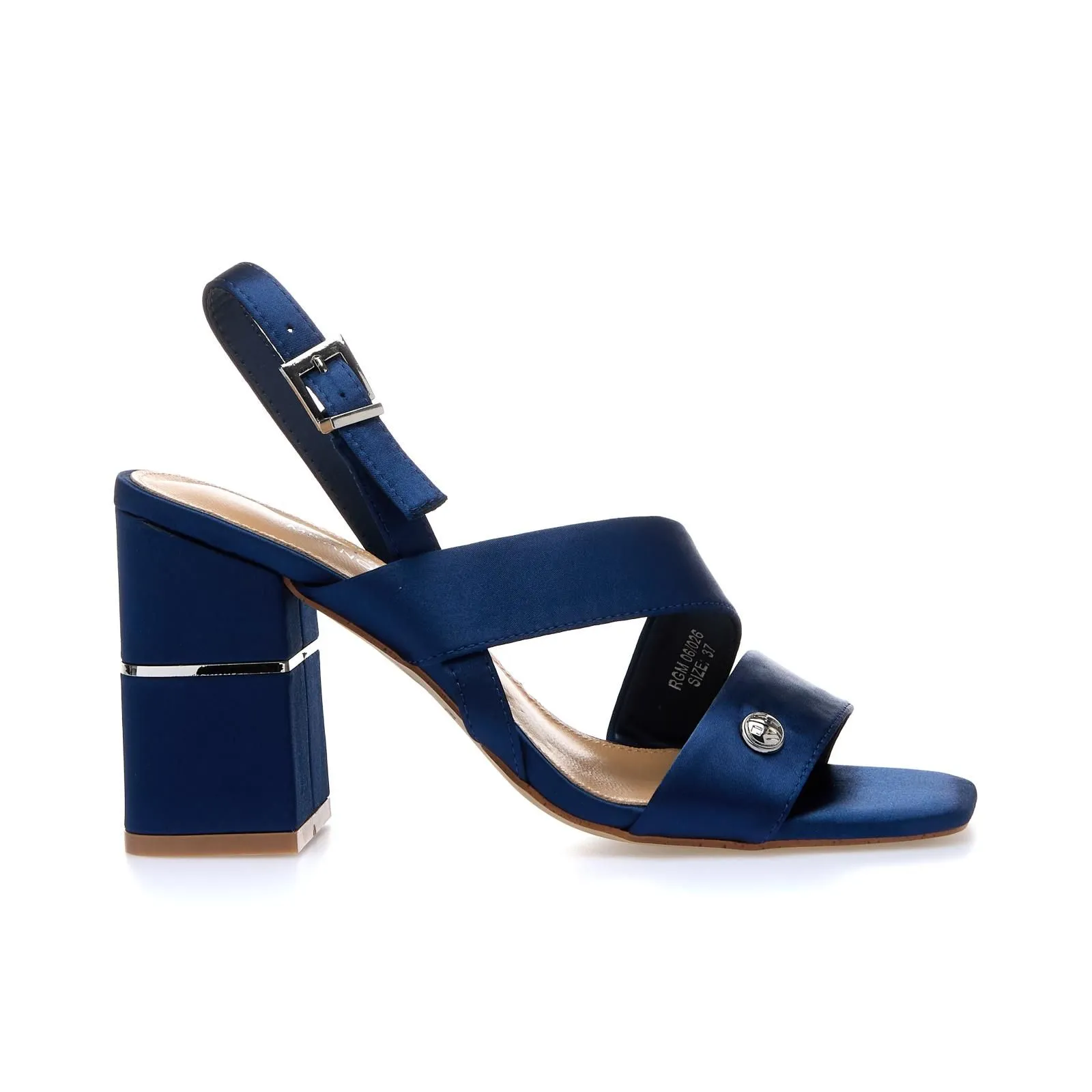 Sandali blu effetto satin con tacco alto largo