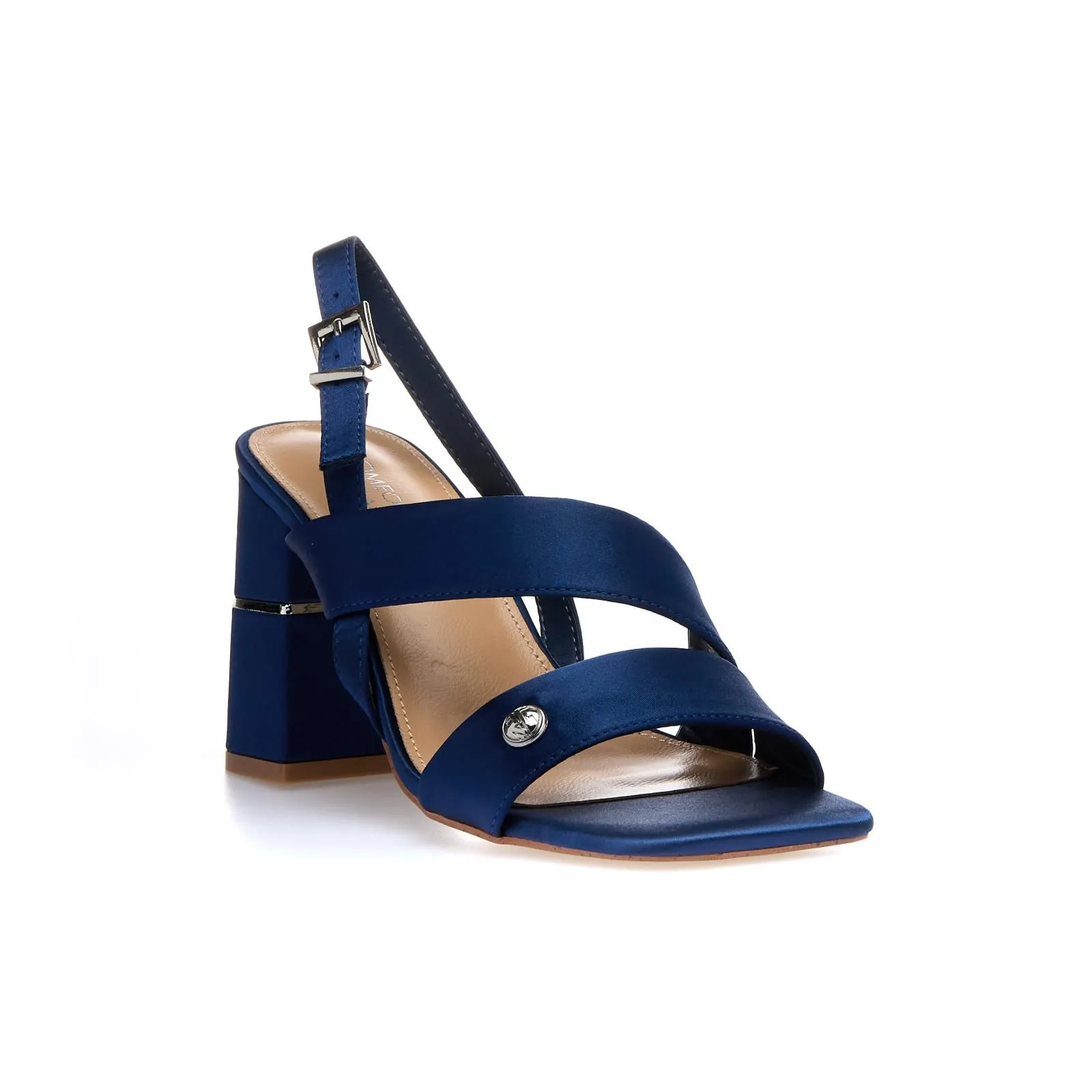 Sandali blu effetto satin con tacco alto largo