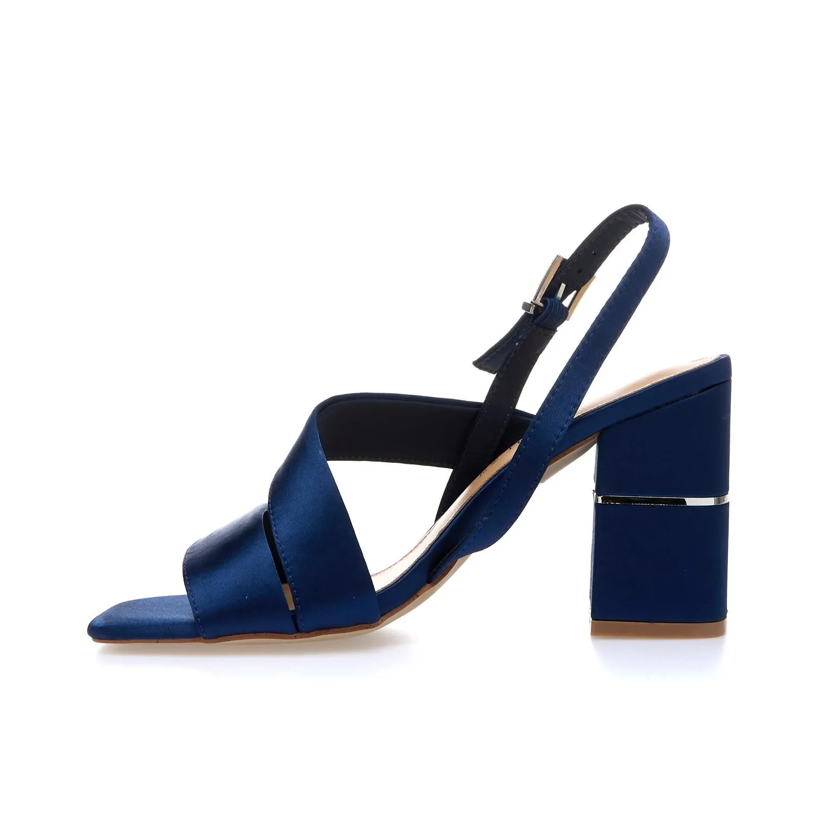 Sandali blu effetto satin con tacco alto largo