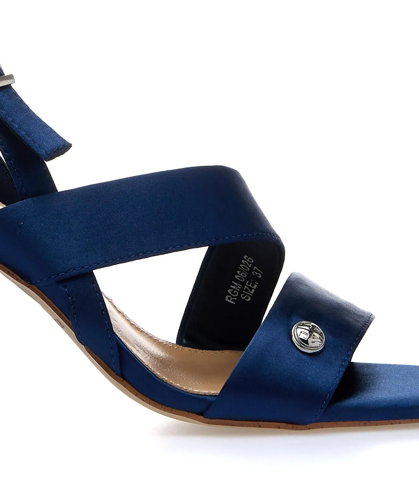 Sandali blu effetto satin con tacco alto largo