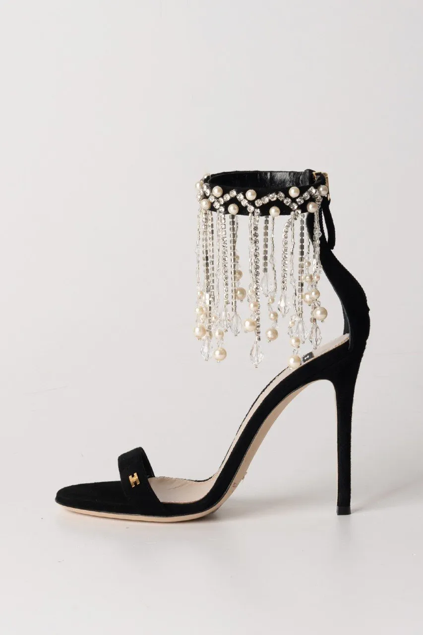 Sandali con catena di strass e perle Nero