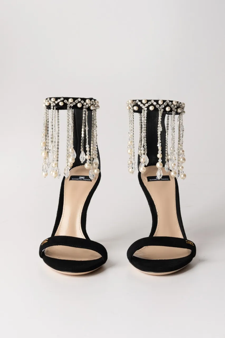 Sandali con catena di strass e perle Nero