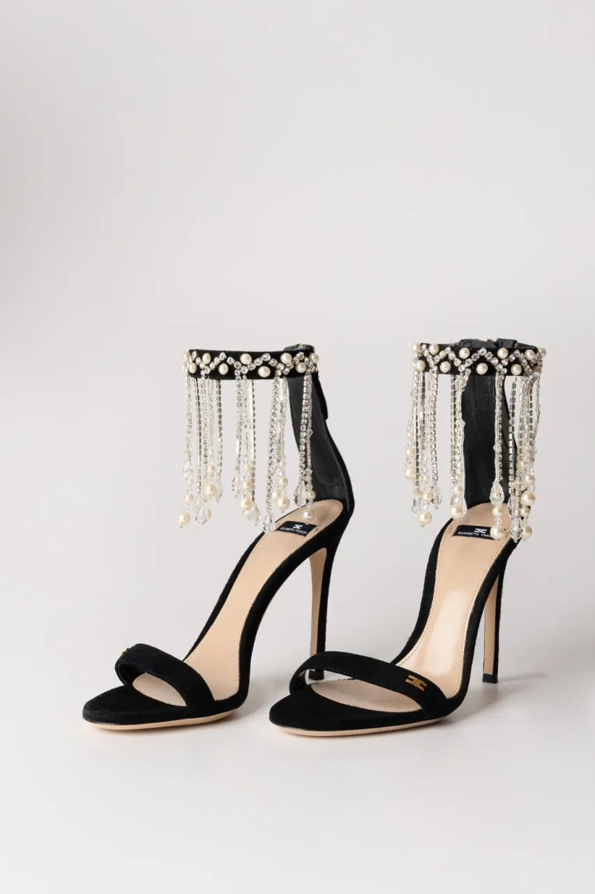 Sandali con catena di strass e perle Nero