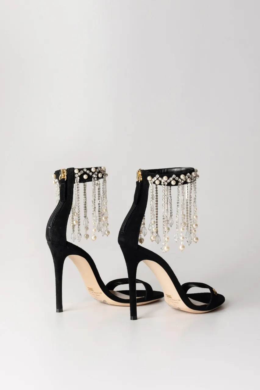 Sandali con catena di strass e perle Nero
